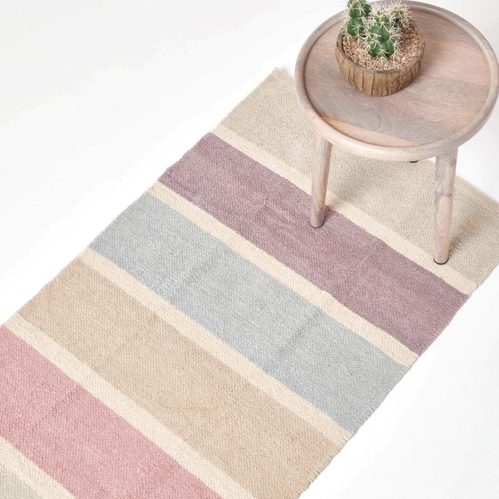 HOMESCAPES 100% Cotton Chenille Stripe Runner Blue Beige Purple Heather Grey Natural Stripes Rug 66 x 200 cm Washable at Home Hall Runner or Large Bedside Rug