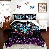 UEVBF Aesthetic Butterfly Bedding Full Comforter Set,Romantic Love Flower Glitter Printed Comforter Bedding Sets for Kids Teens Girls Room Decor,Blue Butterfly Comforter Sets with 2 Pillowcases.
