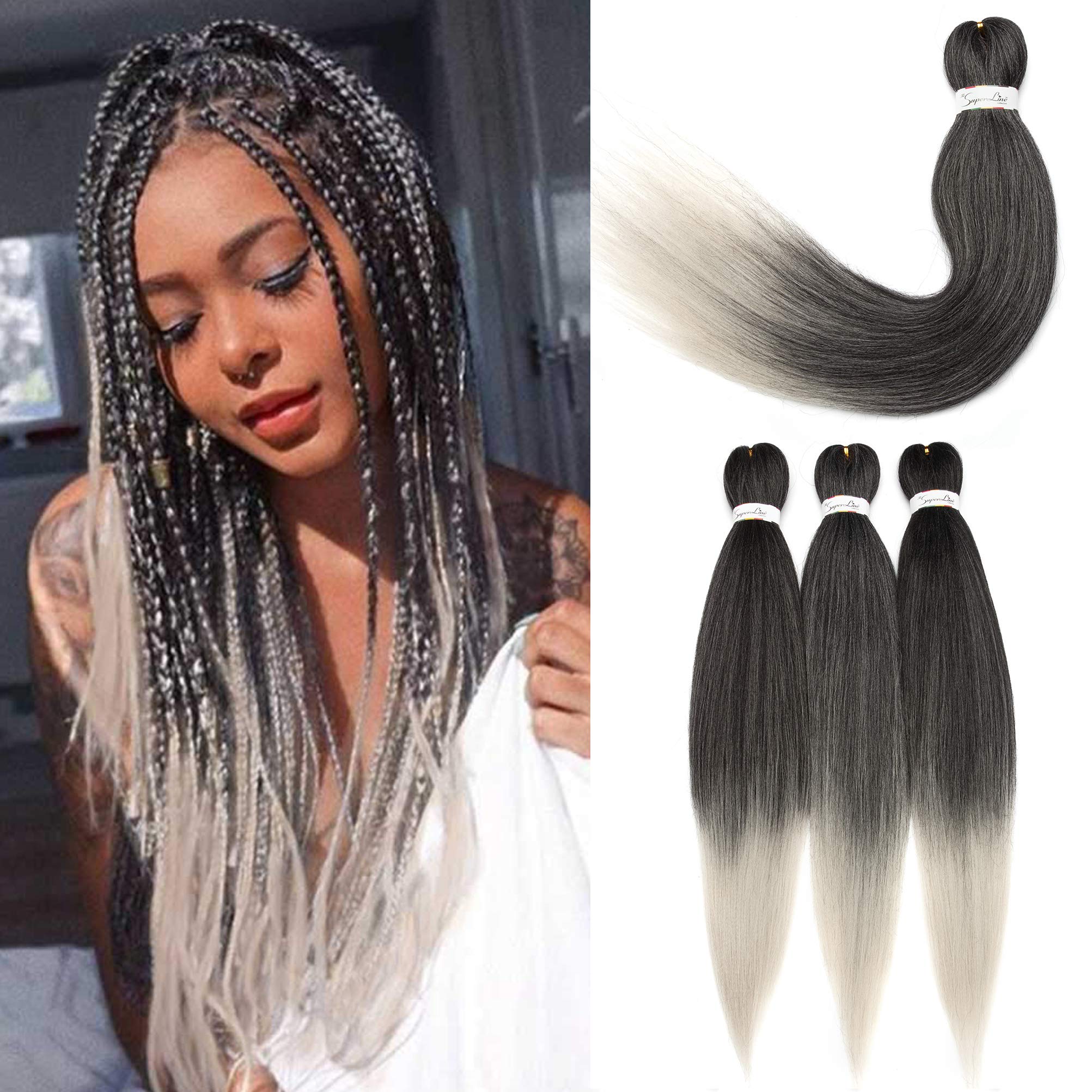 Pre-Stretched Braiding Hair Extensions 20 inch 3 Bundles Synthetic Crochet Braids Natural Braid Crochet Hair Hot Water Setting Professional Soft Yaki Texture Ombre Black to Silver Grey