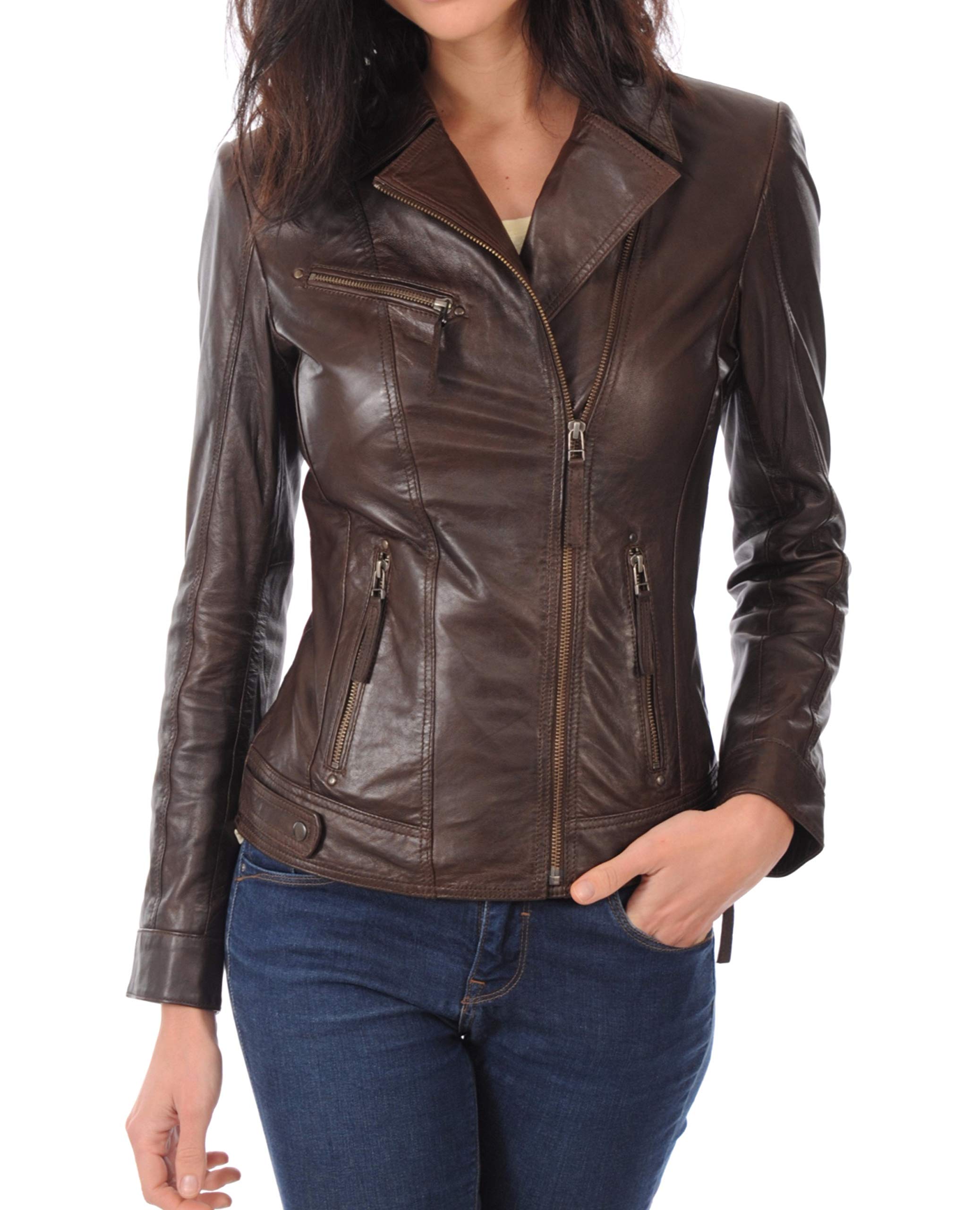 Photo 1 of LEATHER FARM Women's Lambskin Leather Bomber Biker Jacket (Large, BROWN)