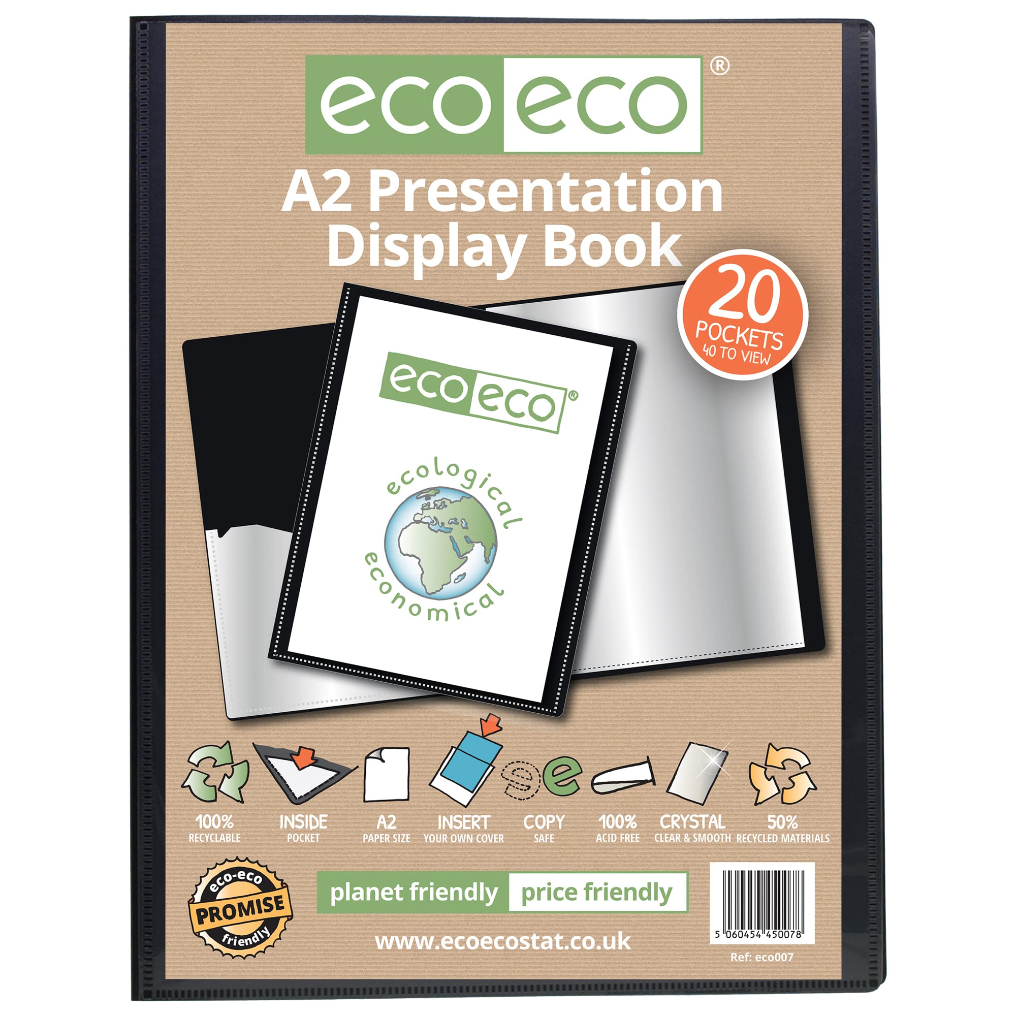 eco-eco A2 Size 50% Recycled 20 Pocket Black Presentation Display Book, Storage Case Portfolio Art Folder with Plastic Sleeves,eco007