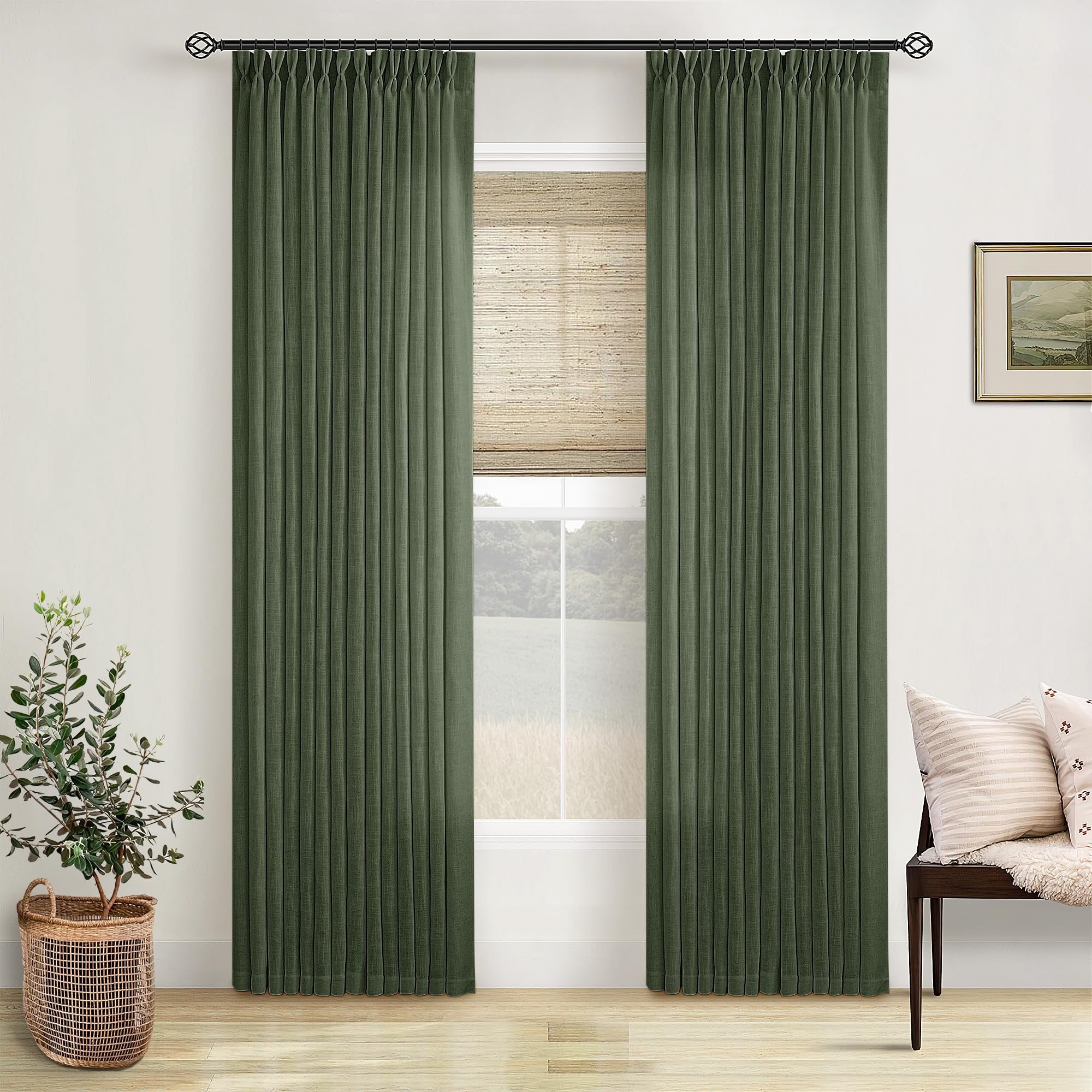 Photo 1 of *****Factory Sealed*****TWODRAPES Olive Green Linen Pinch Pleated Curtains 84 Inches Long 2 Panels for Living Room Bedroom Linen Pleated Hooks Rings Back Tab Light Filtering Loden Moss Green Farmhouse Drapes 84 Inch Length