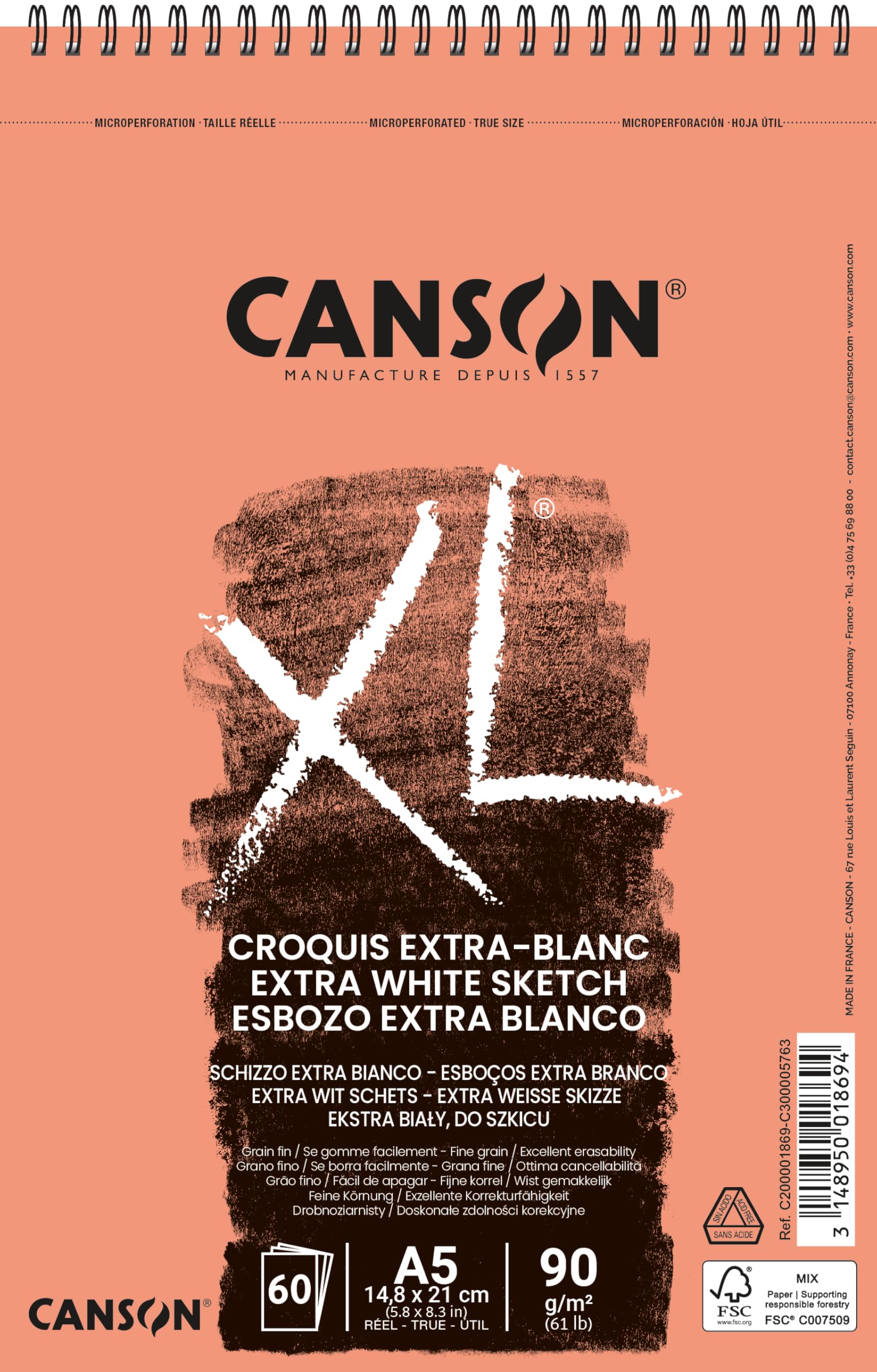 CANSON XL Extra White Sketch 90gsm A5 Paper, Fine Grain, Spiral Pad Short Side, 60 Sheets, Ideal for Professional Artists & Students