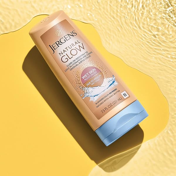 JERGENS NATURAL GLOW IN SHOWER LOTION, SELF TANNER FOR FAIR TO MEDIUM SKIN TONE, SUNLESS TANNING WET SKIN LOTION FOR GRADUAL, FLAWLESS COLOR, 7.5 OUNCE (PACKAGING MAY VARY)