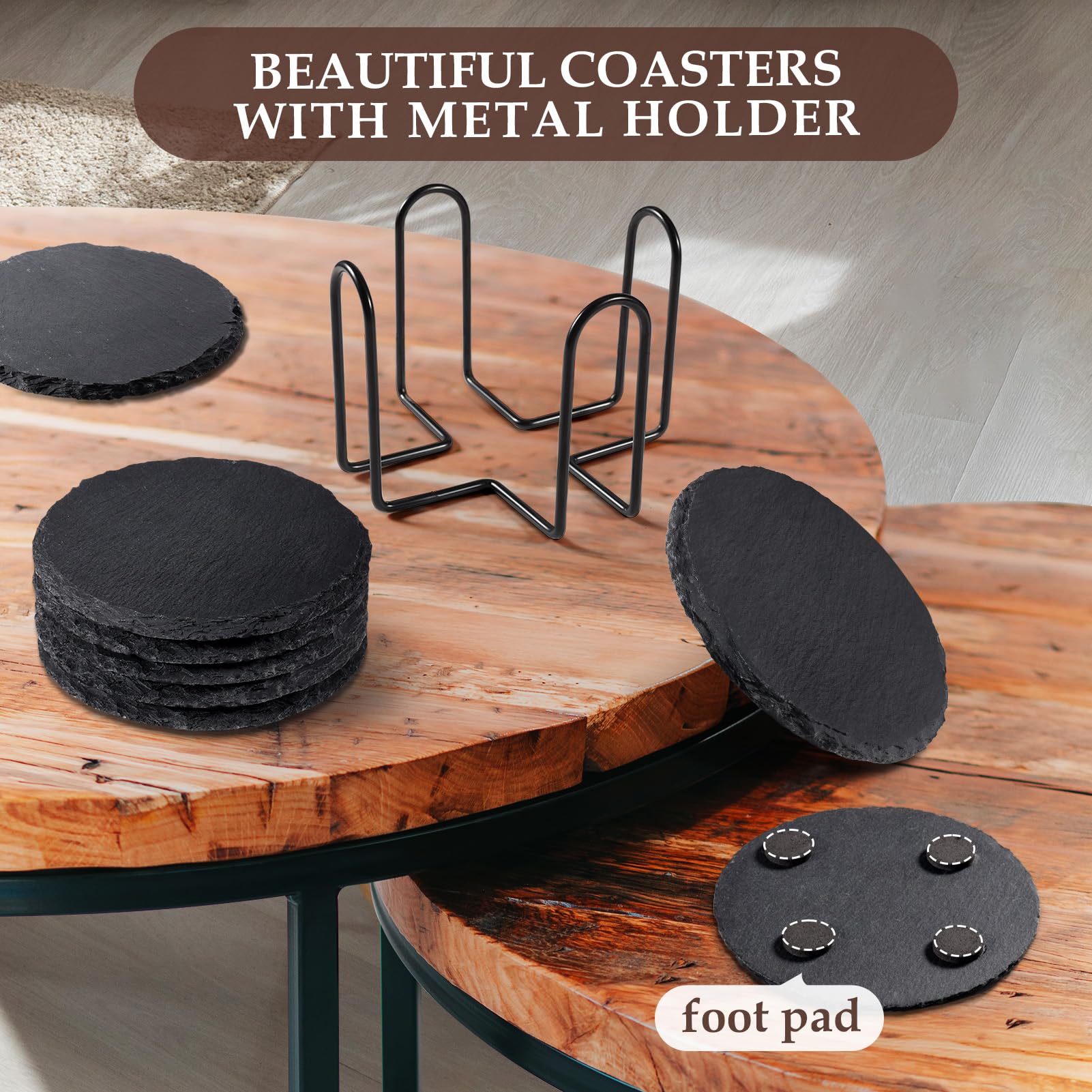 Slate Drink Coasters with Metal Holder