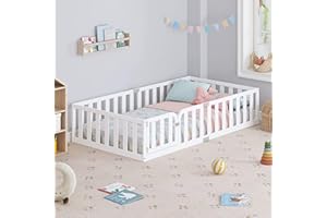 Spirich Twin Size Kids Floor Bed Frame with Fence and Door, Solid Wood Montessori Floor Bed for Kids with Safety Guardrails, Twin Bed Frame for Boys and Girls, White