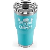 Camco Life is Better at The Campsite Tumbler | Heavy Duty Double Wall Vacuum Insulation | Crafted of 18/8 Stainless Steel | Unique “Life is Better at The Campsite” Design on Cool Blue | 30-oz (53058)