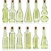 BULK PARADISE Small Mini Green Vintage Glass Bottles with Corks, Mini Vases, Decorative, Potion, Assorted Design Set of 12 pc