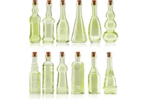 BULK PARADISE Small Mini Green Vintage Glass Bottles with Corks, Mini Vases, Decorative, Potion, Assorted Design Set of 12 pcs, 4.6 Inch Tall (11.43cm), 1.4 Inch Wide (3.56cm)