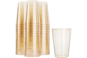 N9R 100pcs 12oz Gold Plastic Cups, Gold Glitter Disposable, Elegant Wedding and Party Cups