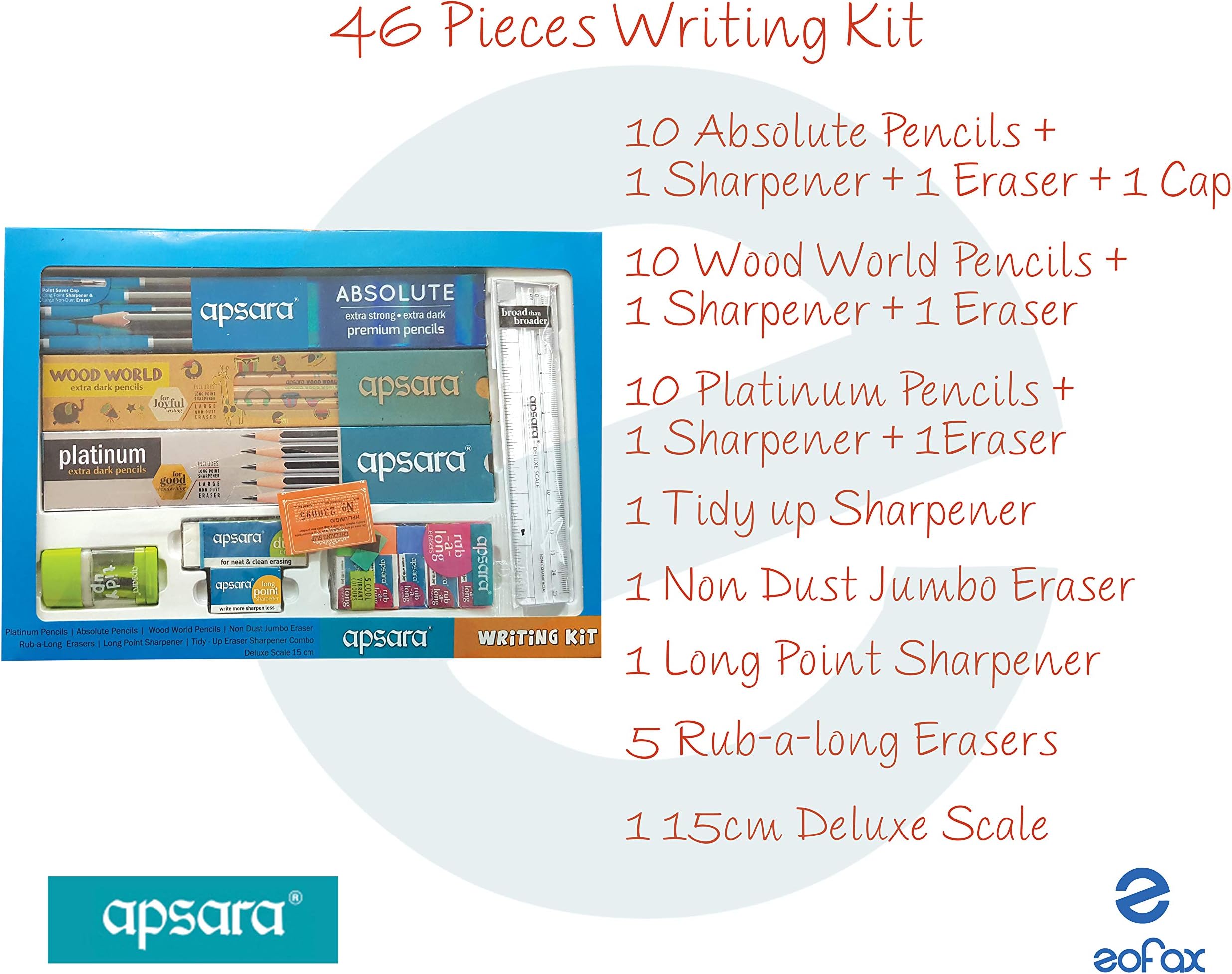 46 Pieces APSARA Writing Kit With Pencils Erasers Sharpeners Ruler Crayons Ruler