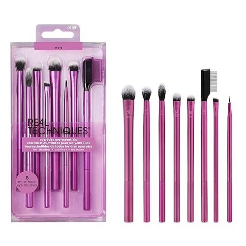 Real Techniques Everyday Eye Essentials Makeup Brush Set, Eye Brushes for Liner, Eyeshadow, Brows, and Lashes, Travel, Friendly, Synthetic Bristles, Cruelty-Free and Vegan, 8 Piece Set
