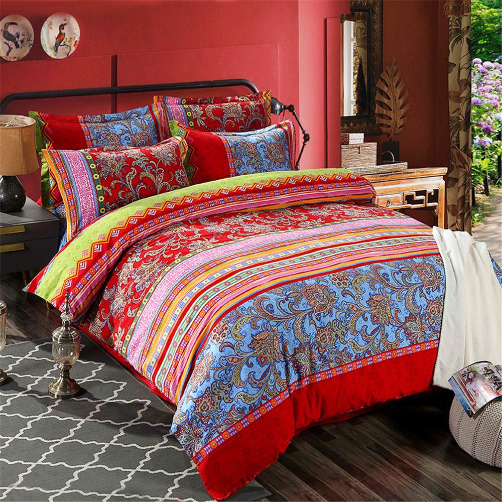 Photo 1 of ABREEZE Bohemian Duvet Cover Set Colorful Red Boho Retro Bedding Set Damask Paisley Cotton Duvet Cover Tribal Reversible Bedding Exotic Style Comforter Cover 3-Piece Queen