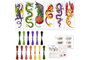 ORIGACH 6 Pcs Cross Stitch Bookmark Kit for Beginner Dragon Pattern Stamped Embroidery Stitch Kits for Starter DIY Bookmarks Printed Cross Stitch Kits with 13 Colors Embroidery Floss
