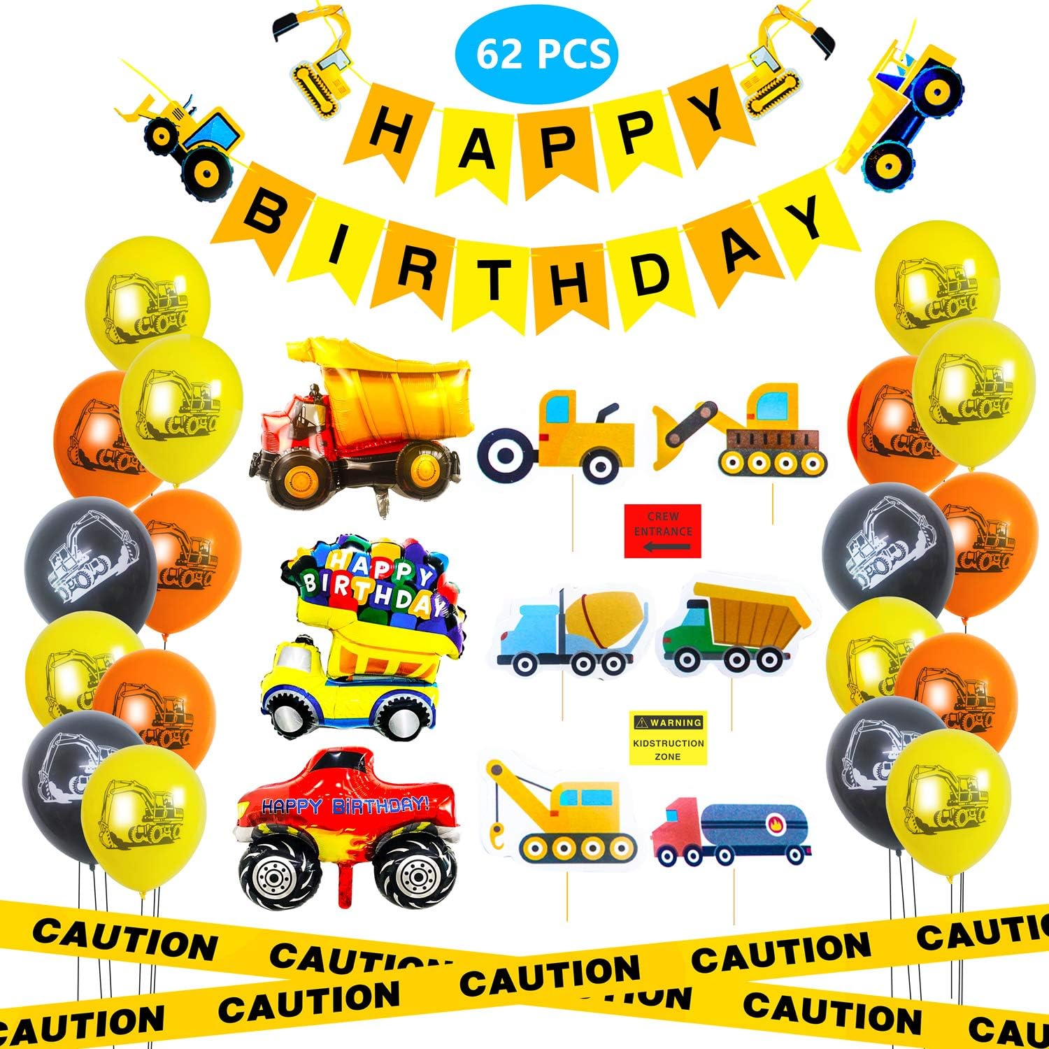 Construction Birthday Party Supplies, 62pcs DIY Dump Truck Party Decorations Kits for Kids, Birthday Decorations for Boys