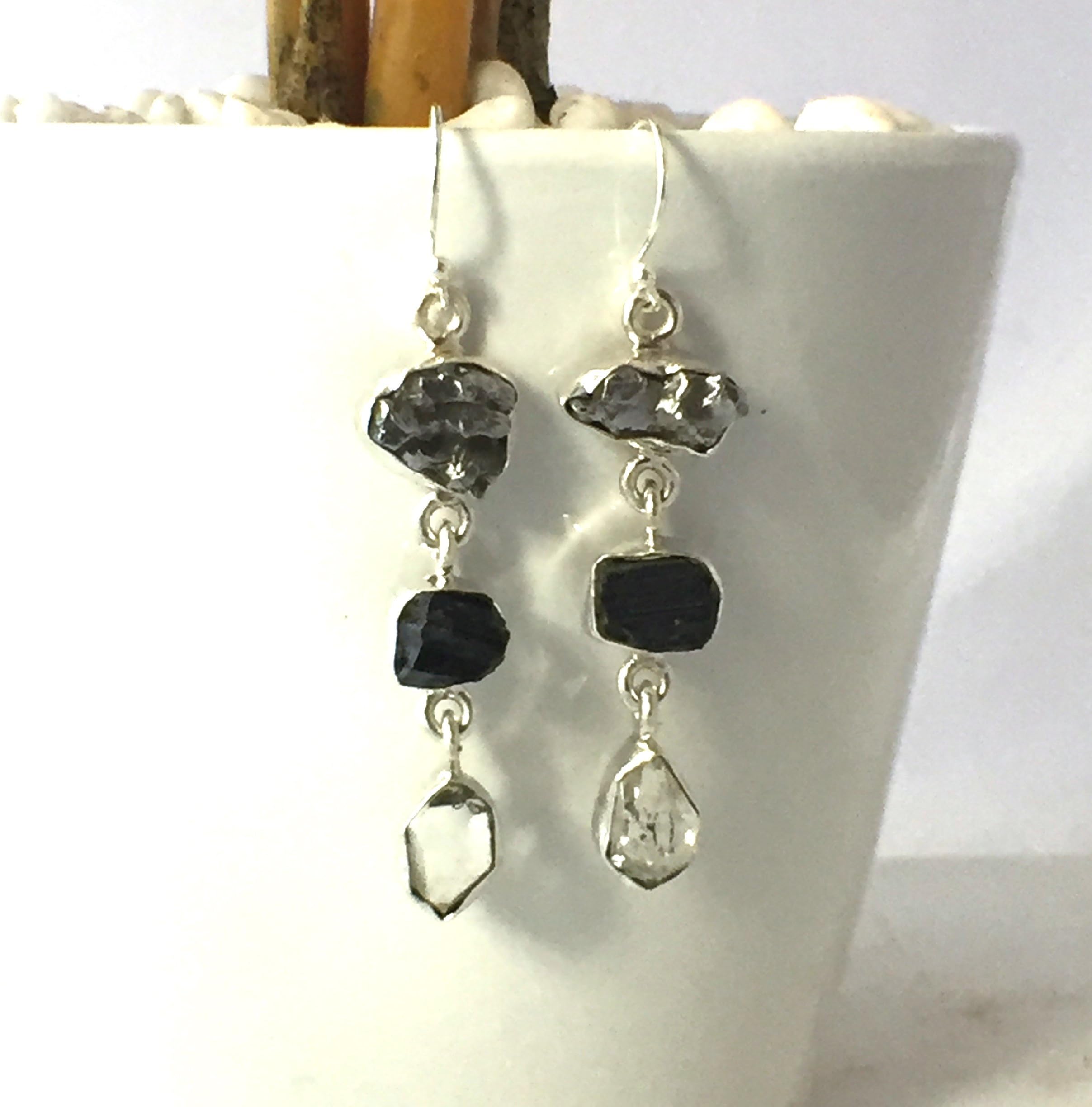 Authentic Campo del Cielo Meteorite, Natural Black Tourmaline and Herkimer Diamond, 925 Sterling Silver, Designer Elegant Fusion Earrings 1.85" Long.