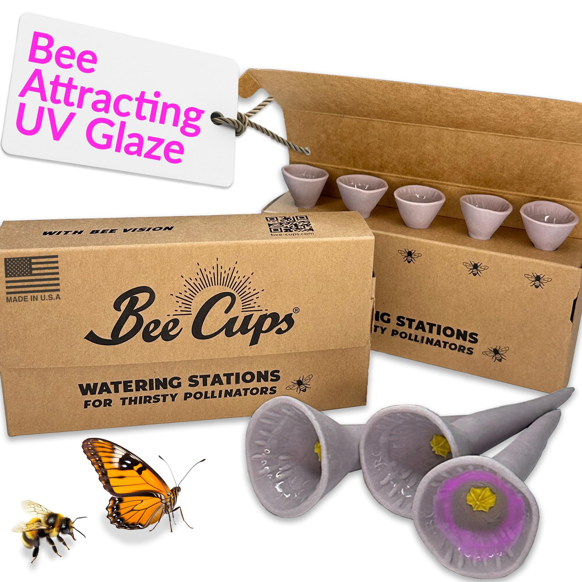 Photo 1 of Bee Cups Patented Bee Butterfly Watering Station, Garden Decor, with Pollinator Attracting Ultraviolet Glaze, 100% Porcelain, 100% Handmade, Plastic Free (5, Passion Flower Purple)