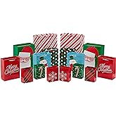 Hallmark Image Arts Assorted Holiday Gift Bag Bundle (16 Bags: 6 Small 5", 6 Medium 8", 2 Large 11", 2 XL 14") Red and Green, Santa, Stripes, Polka Dots, Snowmen, Snowflakes