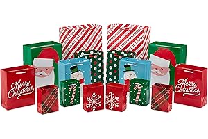Hallmark Image Arts Assorted Holiday Gift Bag Bundle (16 Bags: 6 Small 5", 6 Medium 8", 2 Large 11", 2 XL 14") Red and Green, Santa, Stripes, Polka Dots, Snowmen, Snowflakes