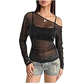 GORGLITTER Women's Mesh Tops Sheer See Through Long Sleeve Boat Neck T Shirts Cover Up Sexy Spring Outfits 2026