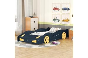 Acosure Twin Size Car Bed with Storage Space,Race Car-Shaped Platform Wooden Bedframe W/Wheels,No Box Spring Required,for Boys Toddlers Kids Child's Bedroom,Dark Blue+Yellow