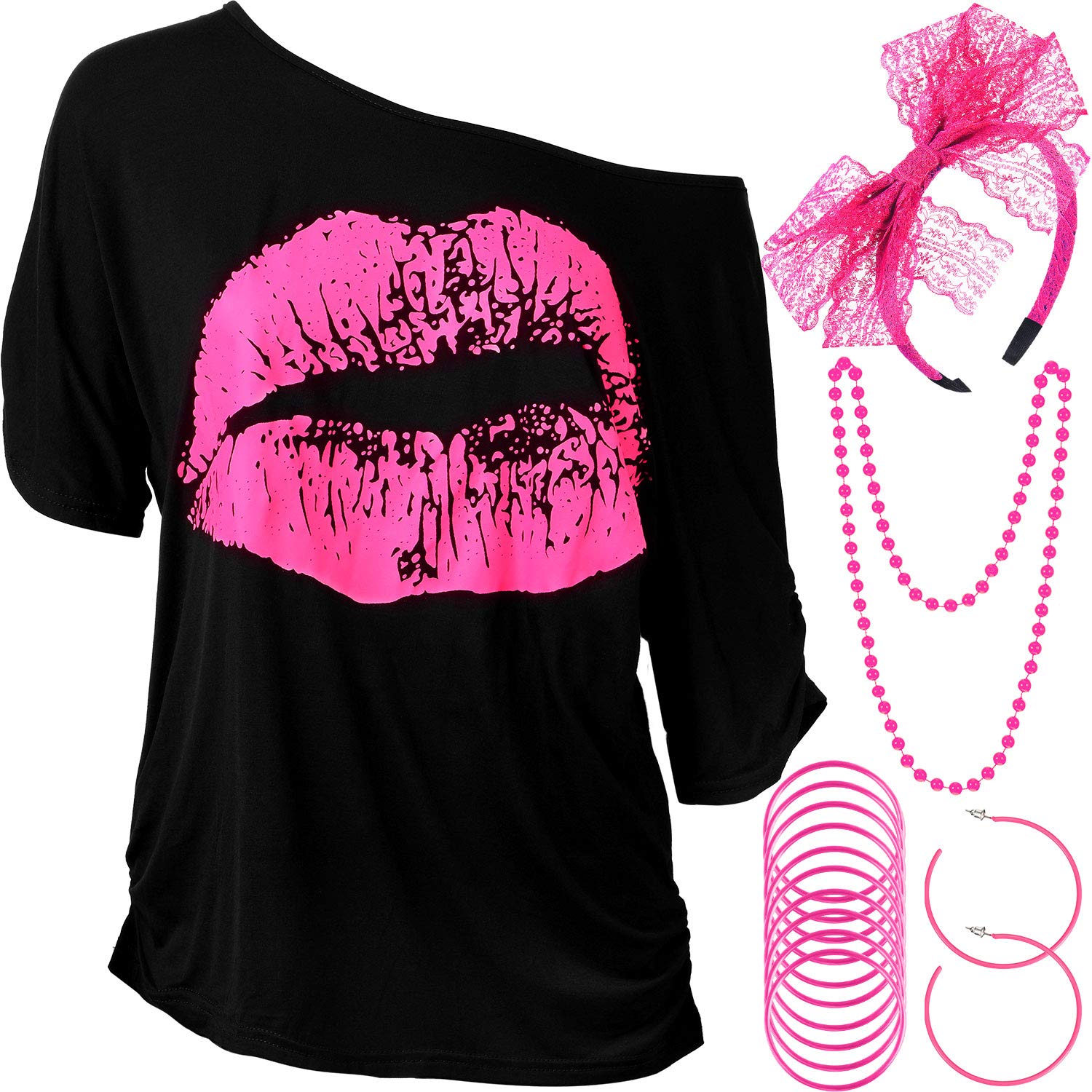 80s Costumes for Women, Lips Print T Shirt Lace Headband Earrings Necklace Bracelet for 80s Theme Party(Rose Red,M)