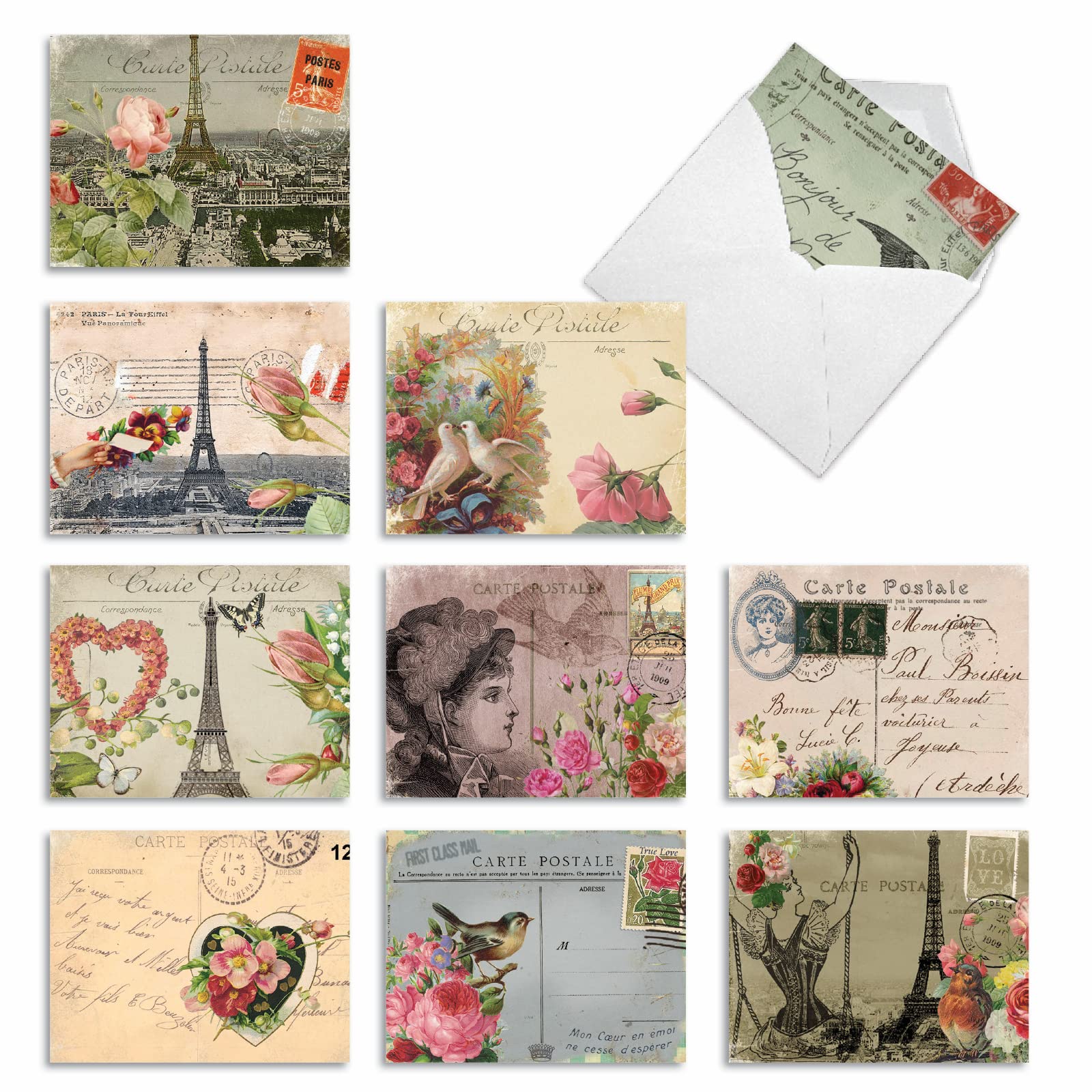 M2355TYG Parisian Cards: 10 Assorted Thank You Note Cards Featuring Vintage Collage Postcards with Images that Evoke Paris and the French Countryside, w/White Envelopes.