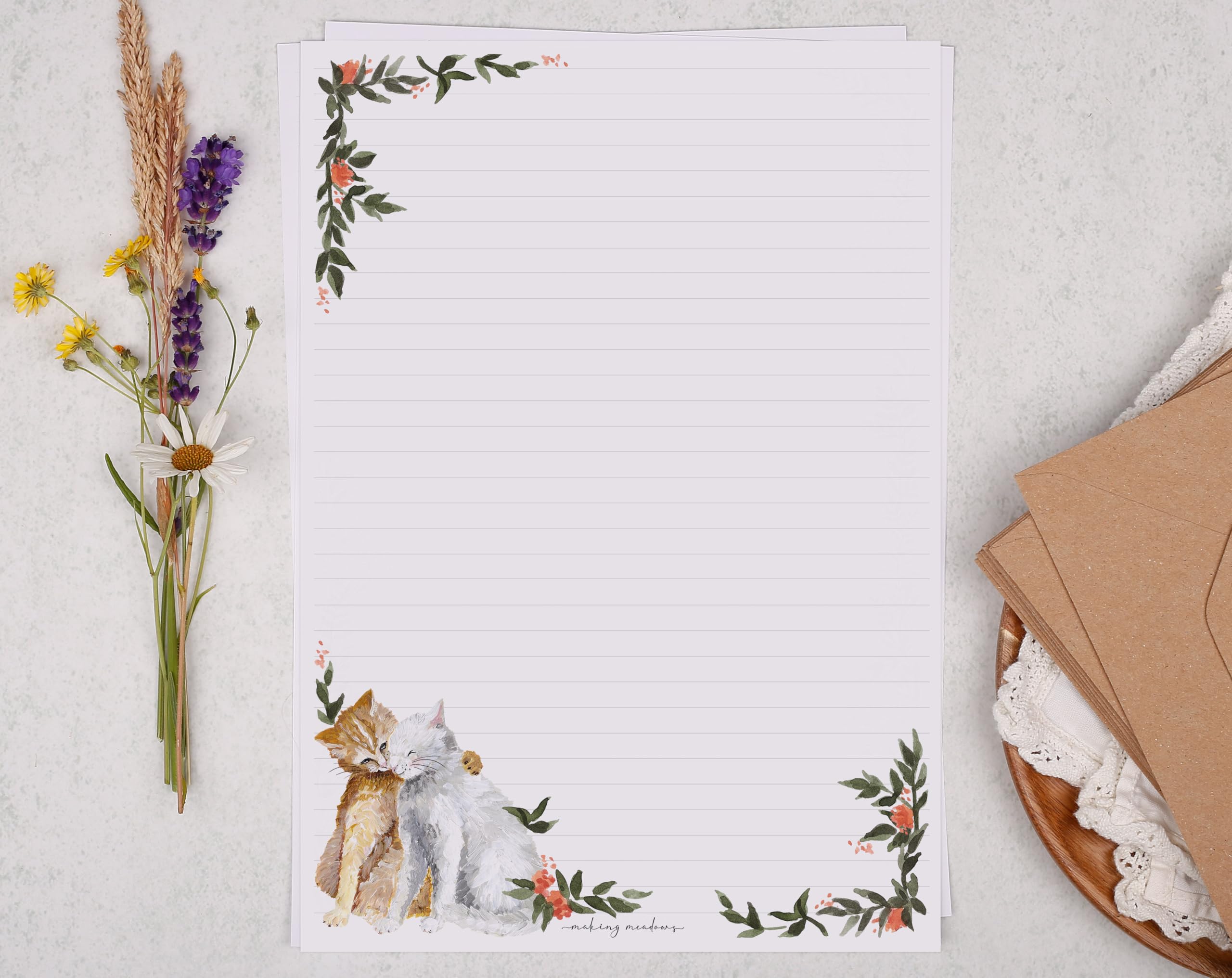 Making Meadows A4 Luxury Writing Paper Set Floral Cat Design (20 Sheets & 10 Envelopes), Perfect for Letter Writing, Lined Writing Paper and Envelopes