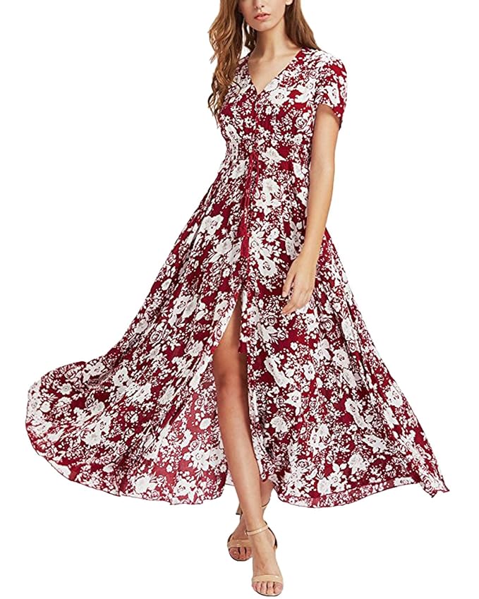 title=Auxo Donna Abito Estivi Vestiti Lunghi Eleganti Boho Beach Dress Stampa Fiore