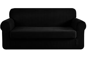CHUN YI Stretch Loveseat Sofa Slipcover 2 Piece Sofa Cover, 2 Seater Couch Slipcover Coat Soft Washable Furniture Covers with Elastic Bottom, Checks Spandex Jacquard Fabric, Medium, Black