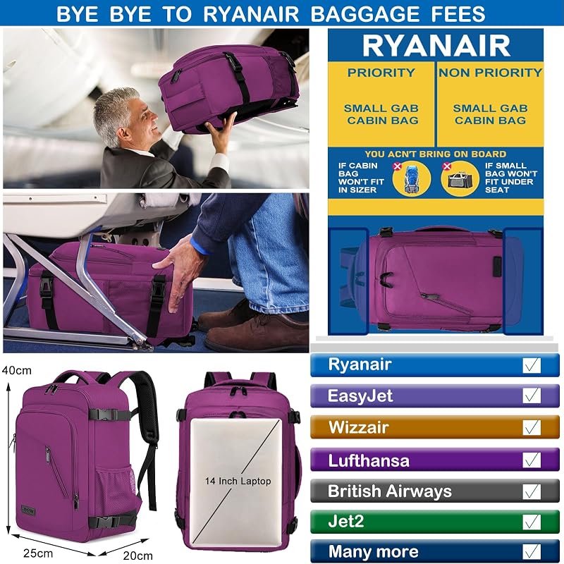 Handgepäck Rucksack 40x20x25 für Ryanair Handgepäck Tasche für Flugzeug 20L Klein Reiserucksack für Damen Laptop Rucksack 14 Zoll mit USB Ladeanschluss Reisetasche für Frauen