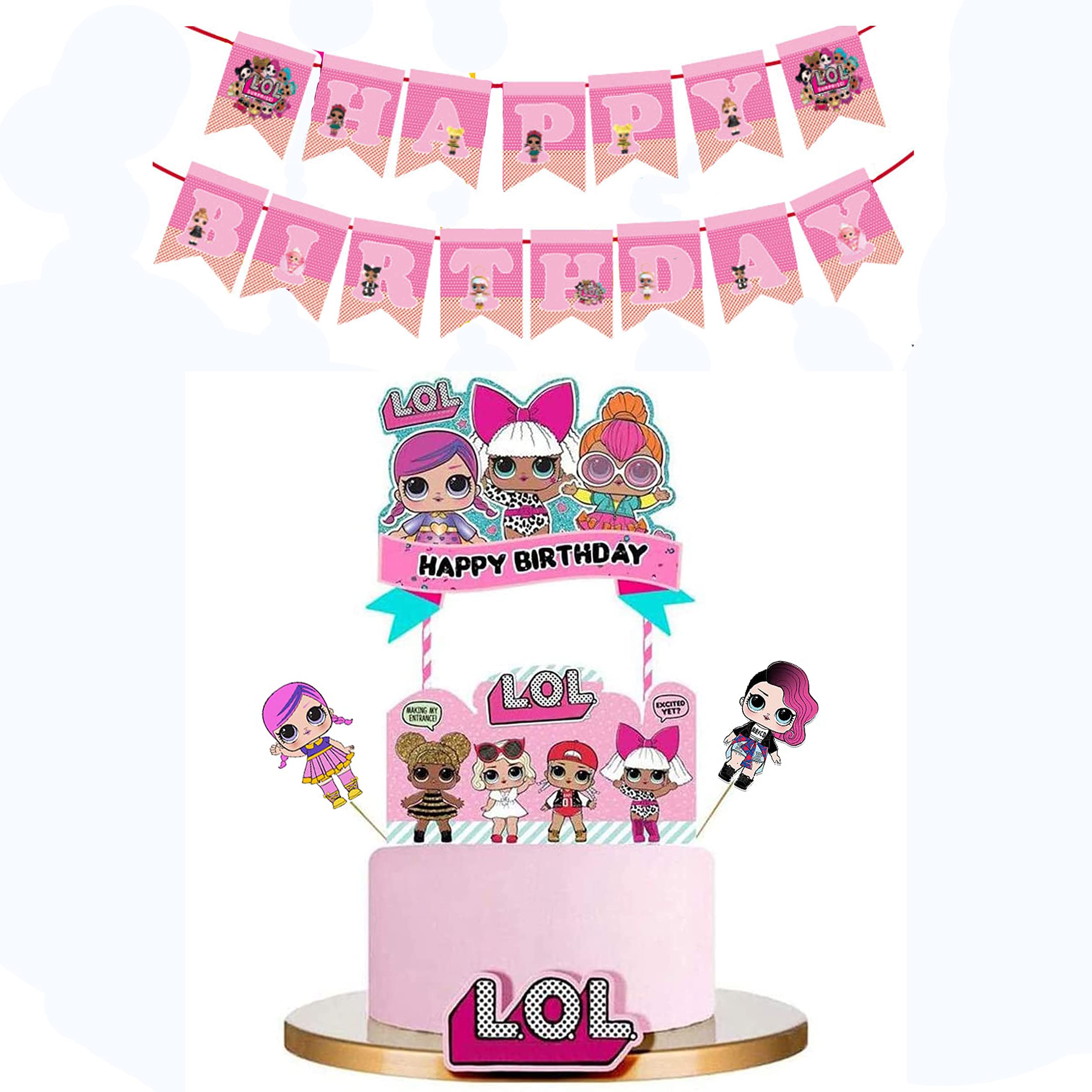 LOL Cake Toppers - 5 PCS Set with 2 PCS Banner, Happy Birthday Party Supplies, Cupcake Picks, Pink Cake Decorations