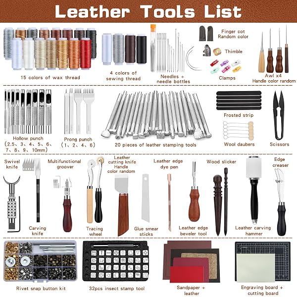 TLKKUE LEATHER TOOLING KIT LEATHER CRAFT TOOLS LEATHERWORKING KIT WITH CUSTOM HANDBAG CUTTING MATS ENGRAVING PUNCHING SEWING STAMPING SANDING TOOLS FOR HANDICRAFT WORK PROFESSIONAL