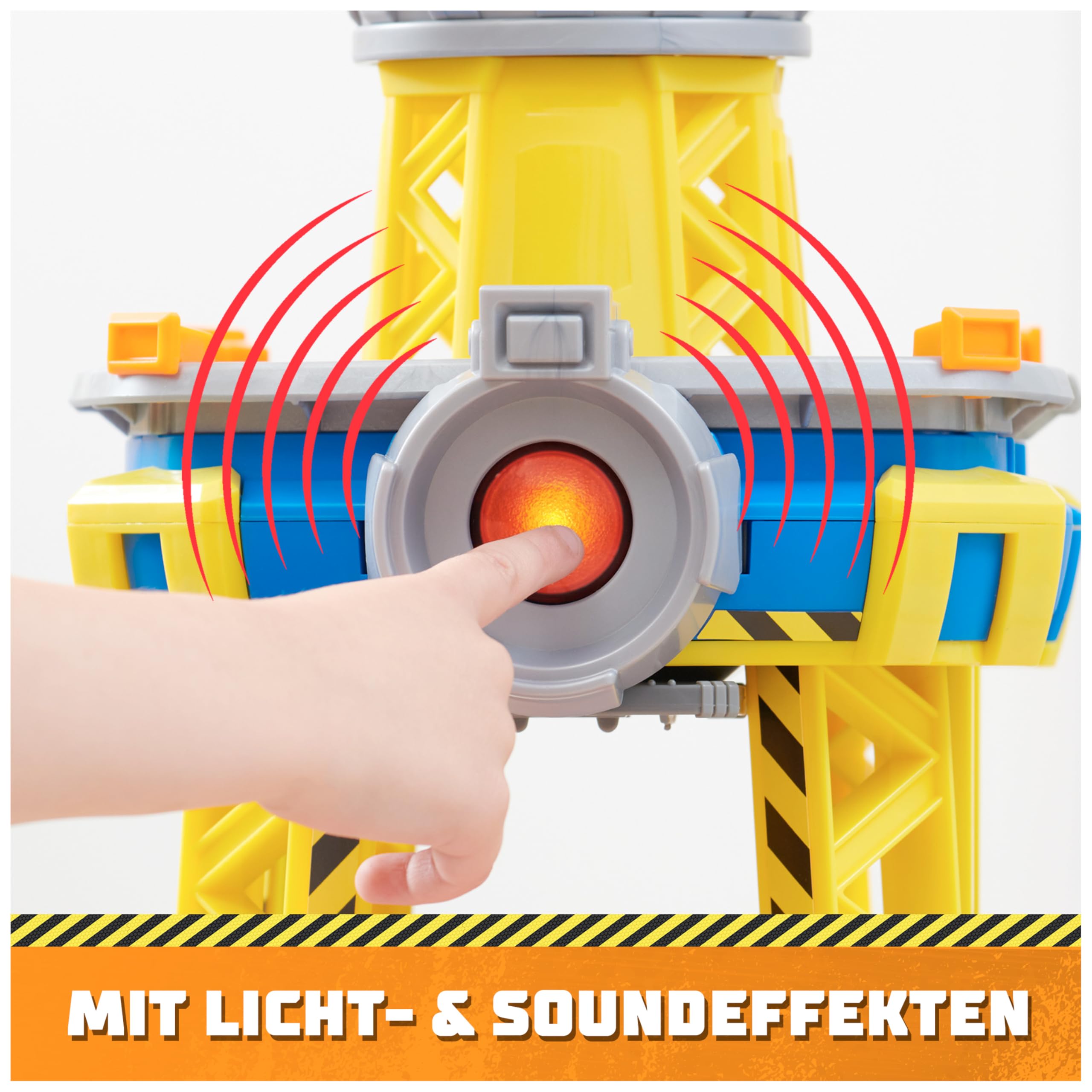 Rubble & Crew - Kran-Spielset Baupfoten Hof 68 cm, mit Rubble-Figur, Planierraupen-Fahrzeug und 340 g Build-it Kinetic Sand, Licht und Sound, ab 3 Jahren 7