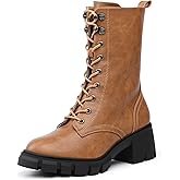 IDIFU IN3 Platform Combat Boots for Women Mid Calf Lace Up Boots Lug Sole Low Chunky Block Heel Boots Closed Round Toe Side Zipper Booties Fashion Thick Fall Heeled Boots-LOOSEN ALL LACES FIRSTLY