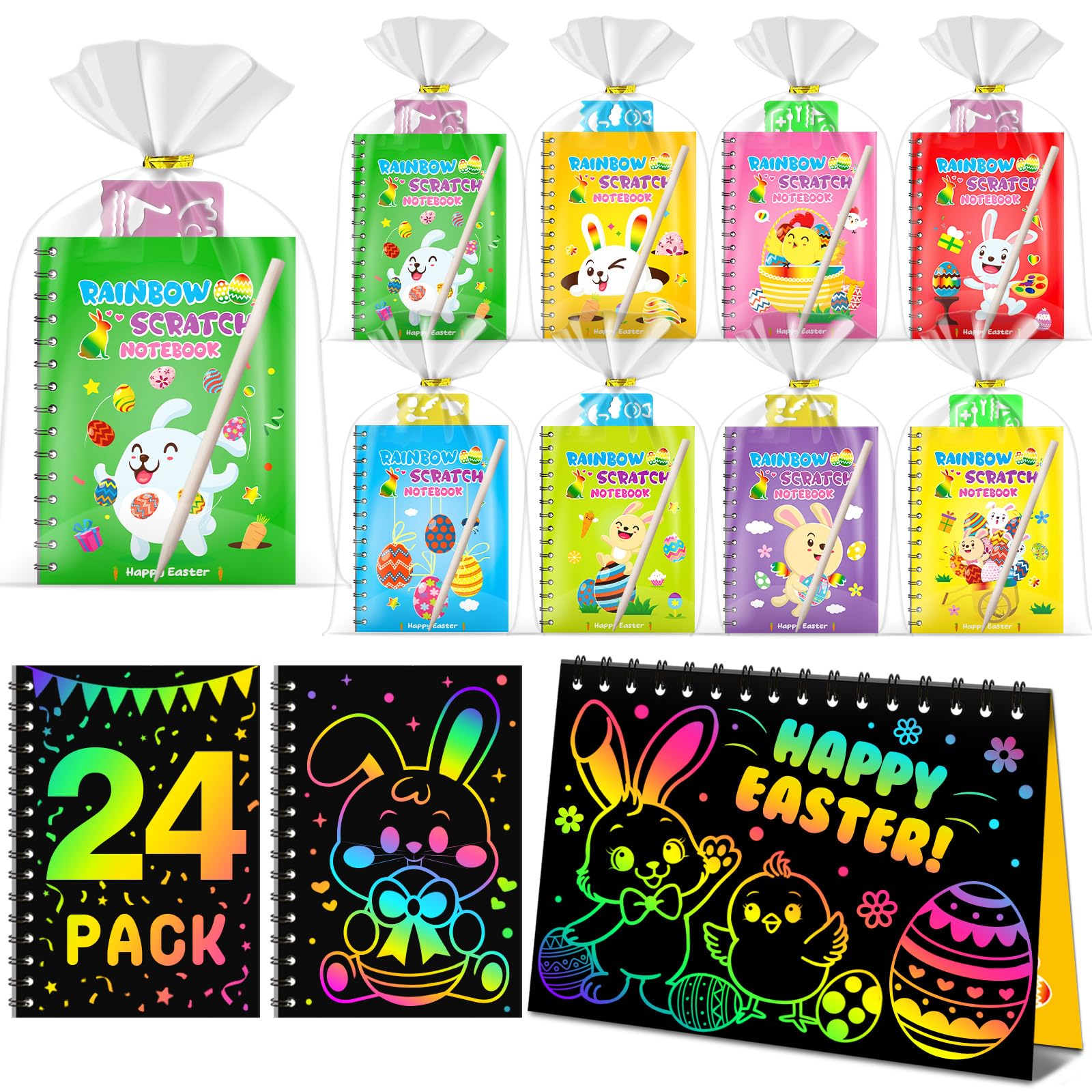 Easter Scratch Art, Party Bag Fillers for Kids - Rainbow Scratch Art, Arts and Crafts, Class Gifts, Birthday Return Gifts for Boys Girls Age 4-9 (24-Pack-Easter)