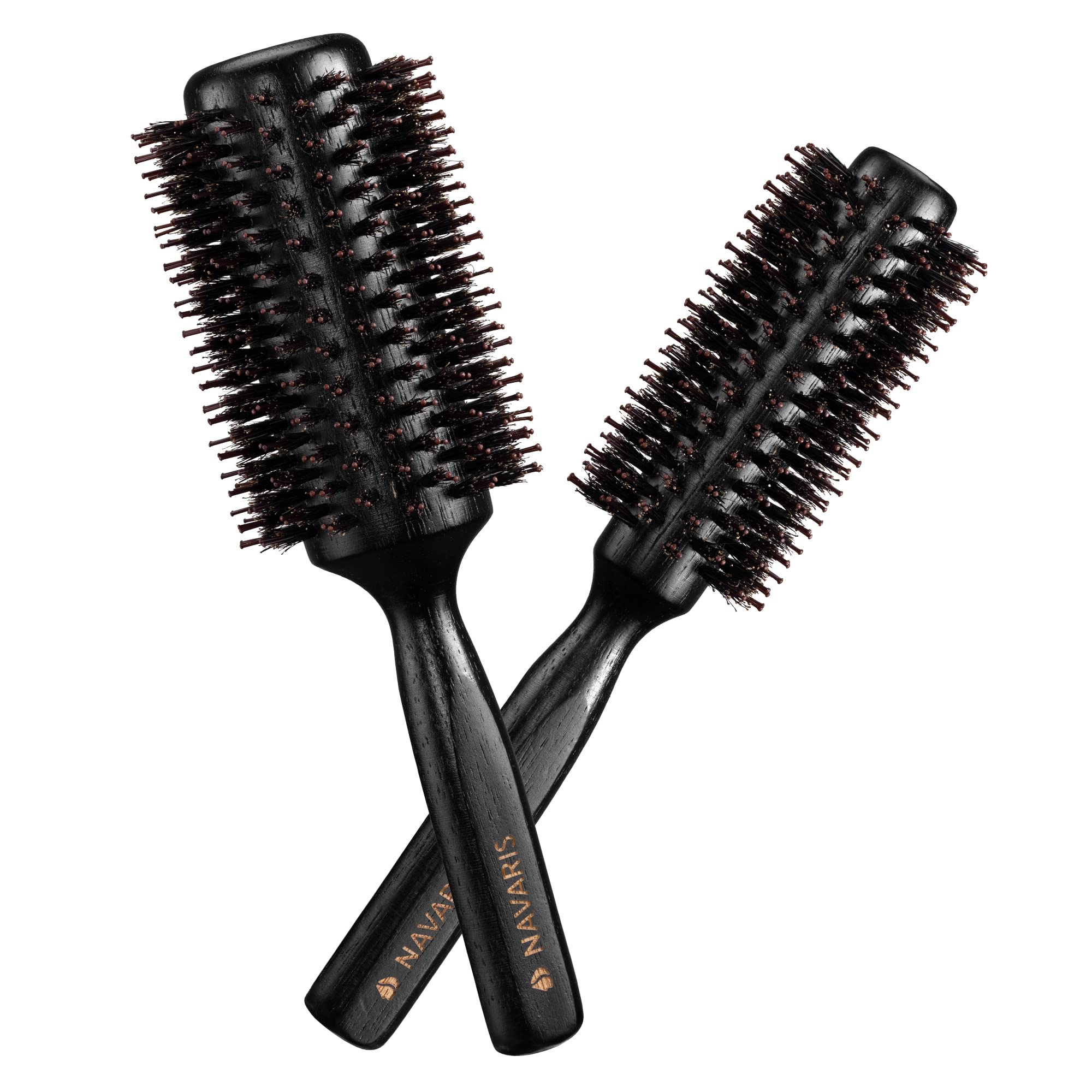 Navaris Round Hair Brush Set of 2 - Ø 25 and 40mm - Boar Bristle Hairbrushes for Women and Men - Anti Static Hairbrush Set for Styling Curls - Black