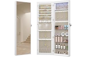 Hzuaneri Jewelry Cabinet Armoire, 8 LEDs Mirror Jewelry Organizer Chest, Wal Door Mount Lockable Storage Cabinet with 6 Earri