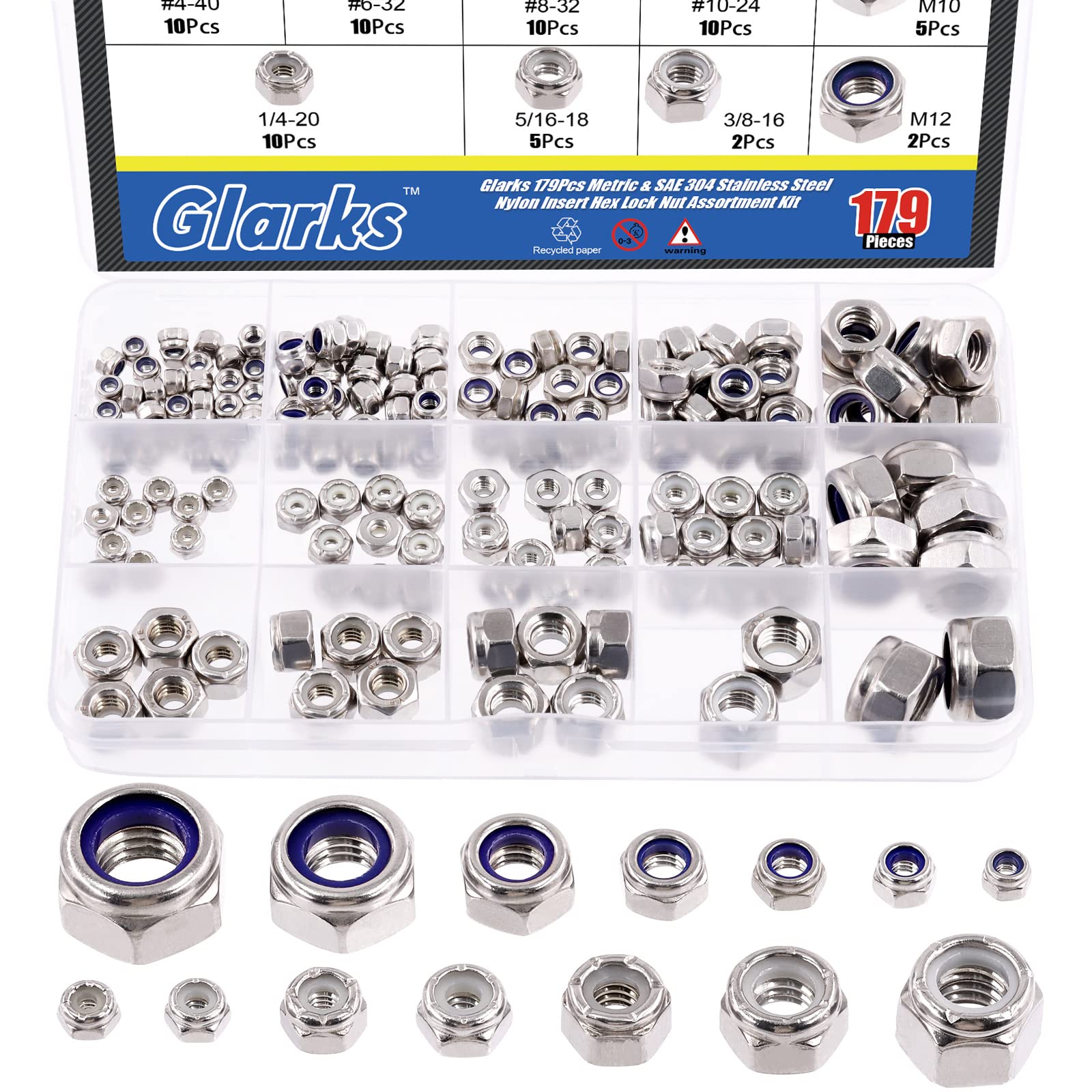 Glarks 179Pcs 14 Sizes Metric & SAE Hex Nylon Insert Lock Nuts Assortment Kit, 304 Stainless Steel M3 M4 M5 M6 M8 M10 M12 and #4-40#6-32#8-32#10-24 1/4"-20 5/16"-18 3/8"-16 Hex Lock Nuts