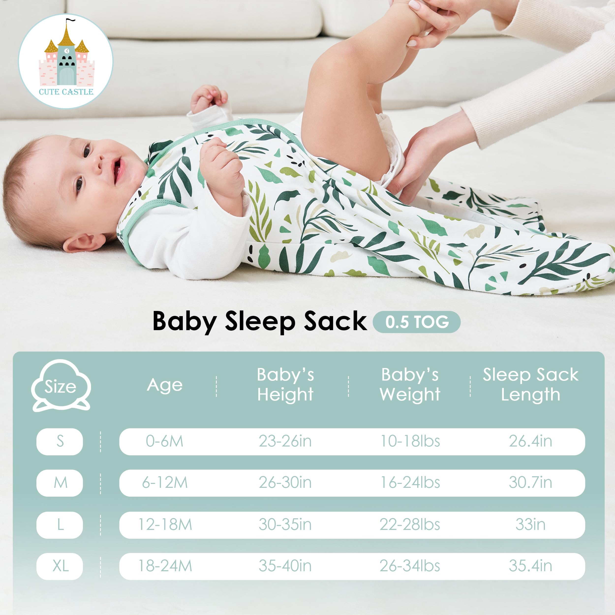 Cute Castle Baby Sleep Sack 0-6 Months - Lightweight 100% Cotton 2-Way Zipper TOG 0.5 Infant Wearable Blanket, Newborn Essentials Toddler Sleep Clothes (3 Pack Green)