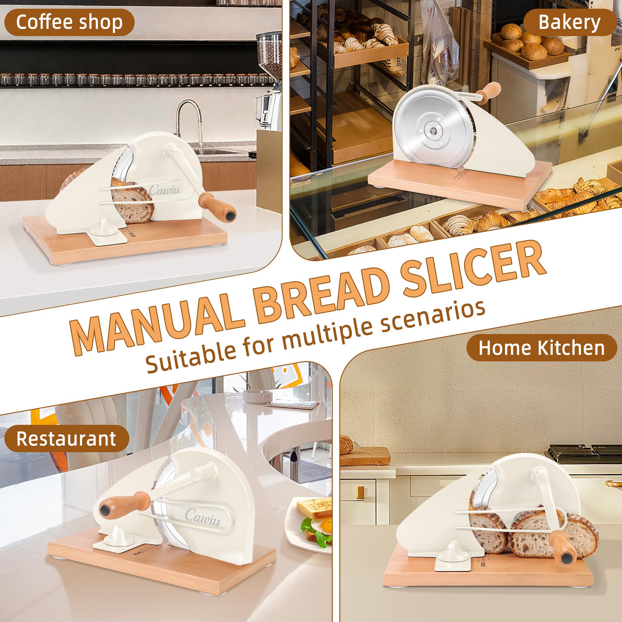 CAWIU Upgraded Manual Bread Slicer for Homemade Sourdough Bread - Adjustable Thickness Bread Cutter with Hand Crank, Suction Cups, Slicing Guide, Scale Line & Cover, for Perfect Even Slices (Cream)