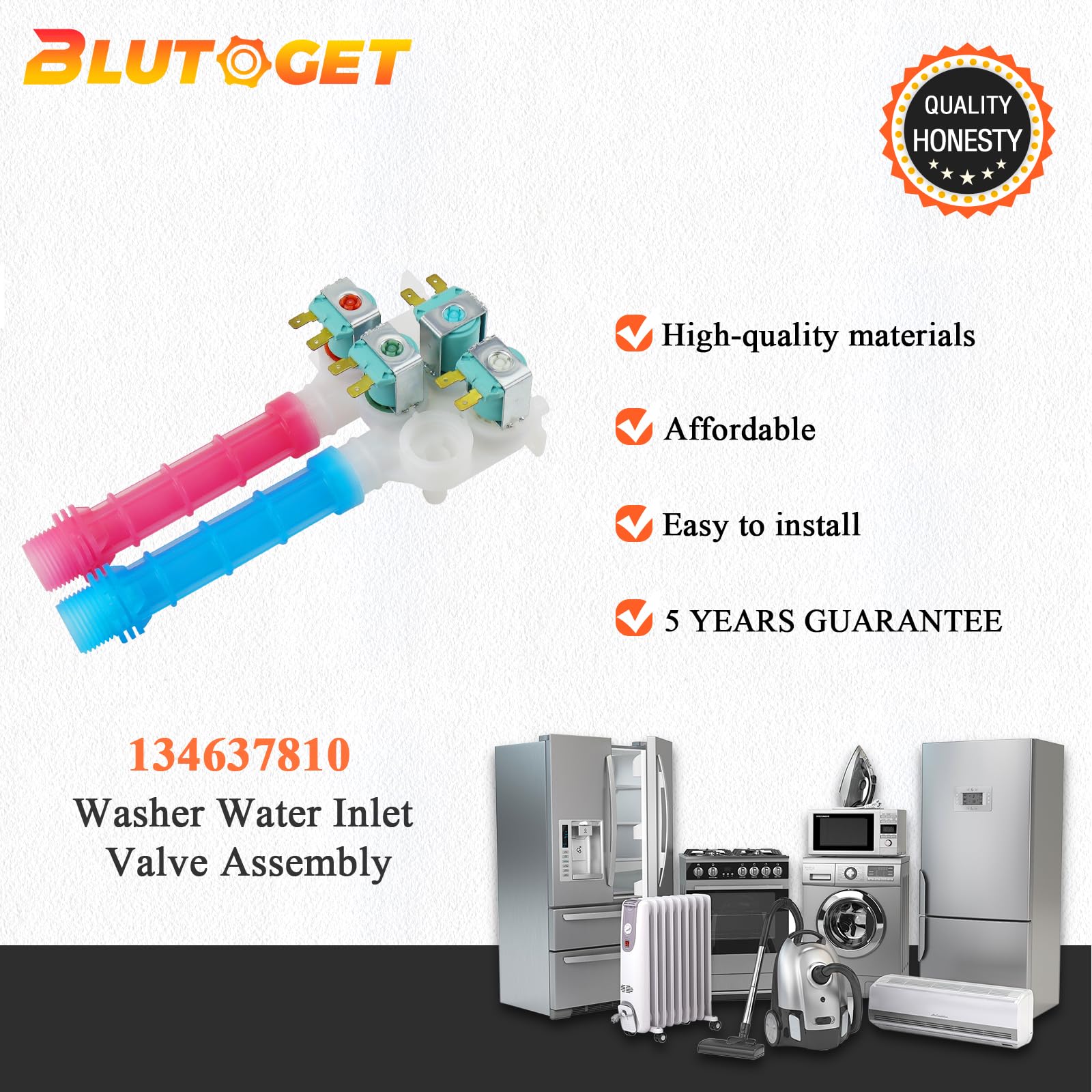134637810 Water Inlet Valve OEM by Blutoget (5 YEAR WARRANTY) - Compatible with Frigi-daire Ken-more Electrolux Crosley Washing Machine - Replaces 134637800,7134637810,AP4368791,PS2349248, 1482877