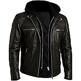 STOREJEES Mens Black Leather Jacket with Removable Hood - Real Lambskin Leather Motorcycle Jacket