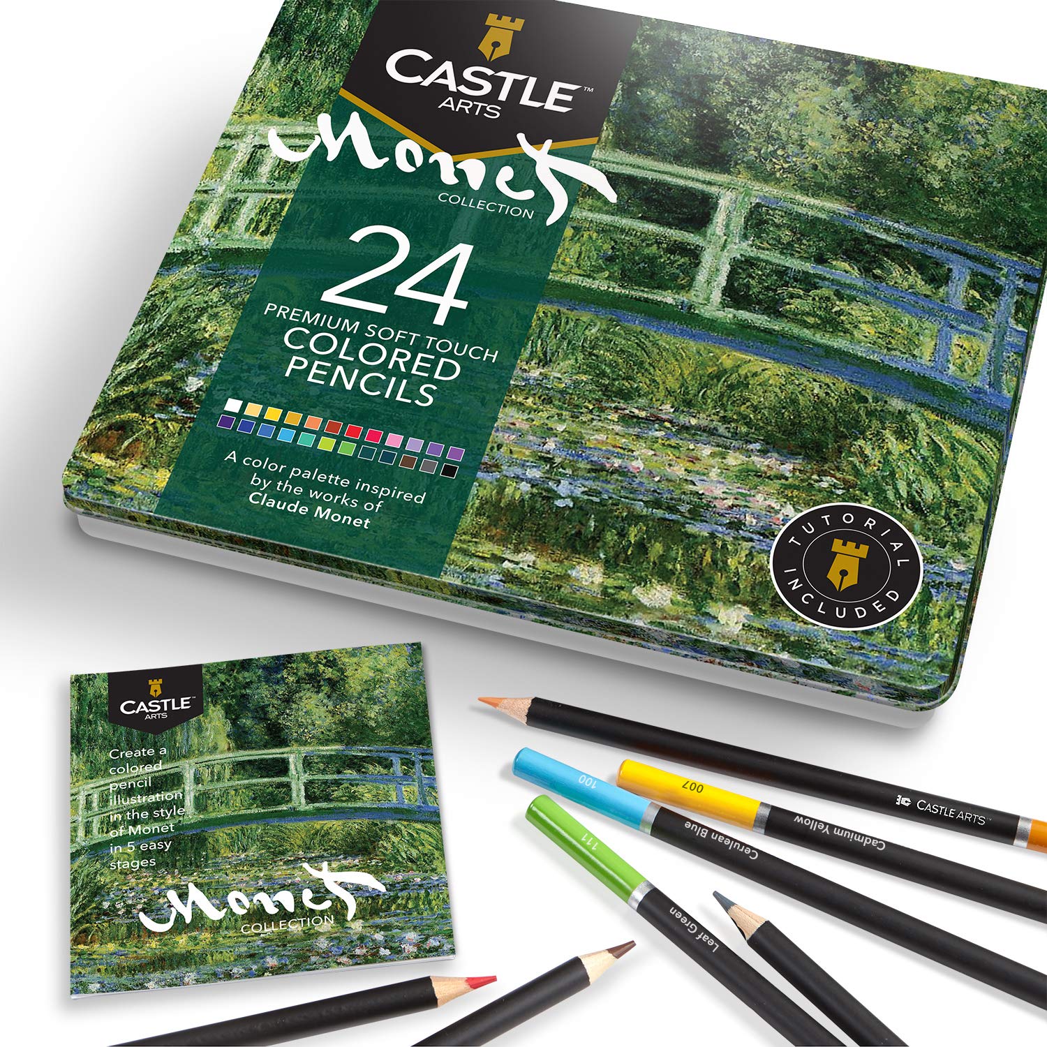 Castle Arts Themed 24 Coloured Pencil Set in Tin Box, Perfect ‘Monet’ Inspired Colours. Featuring Quality, Smooth Coloured Cores, Superior Blending & Layering Performance Achieving Great Results