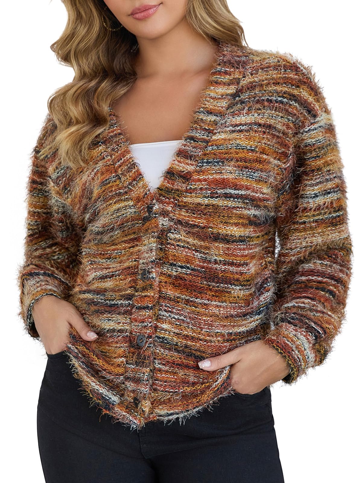 QIANXIZHAN Women's Fuzzy Cardigan, V Neck Knit Button Cardigans Fall Outfits for Women 2025 Brown
