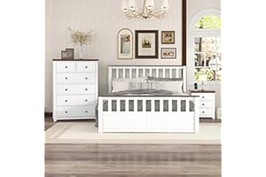 Flieks 3-Pieces Bedroom Furniture Sets, Bedroom Sets Storage Queen Size Platform Bed with Nightstand(USB Charging Ports) and Storage Chest, White+Walnut