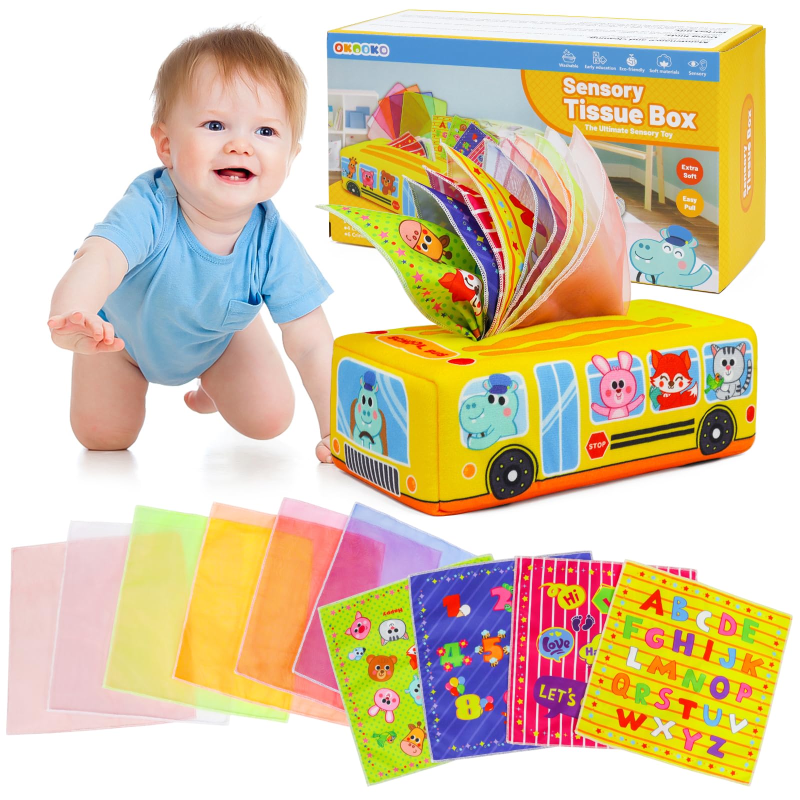 Photo 1 of OKOOKO Tissue Box Toy for Baby 6 to 12 Months - Soft Stuffed Sensory Toy to Strengthen Pincer Grasp - Montessori Early Educational Preschool Learning for Newborn Infant Toddler Kid