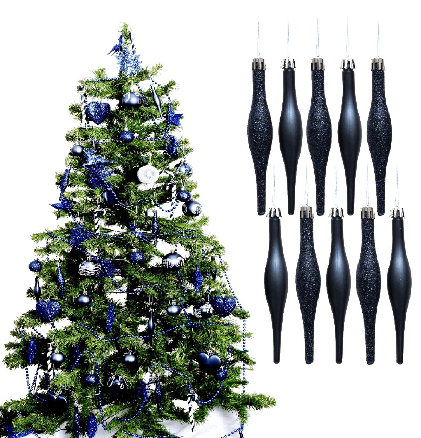 Simply Products 10 Droplet Baubles - Great Christmas Tree Decoration, Matte & Glitter Icicle Baubles (Navy Glitter & Matte)