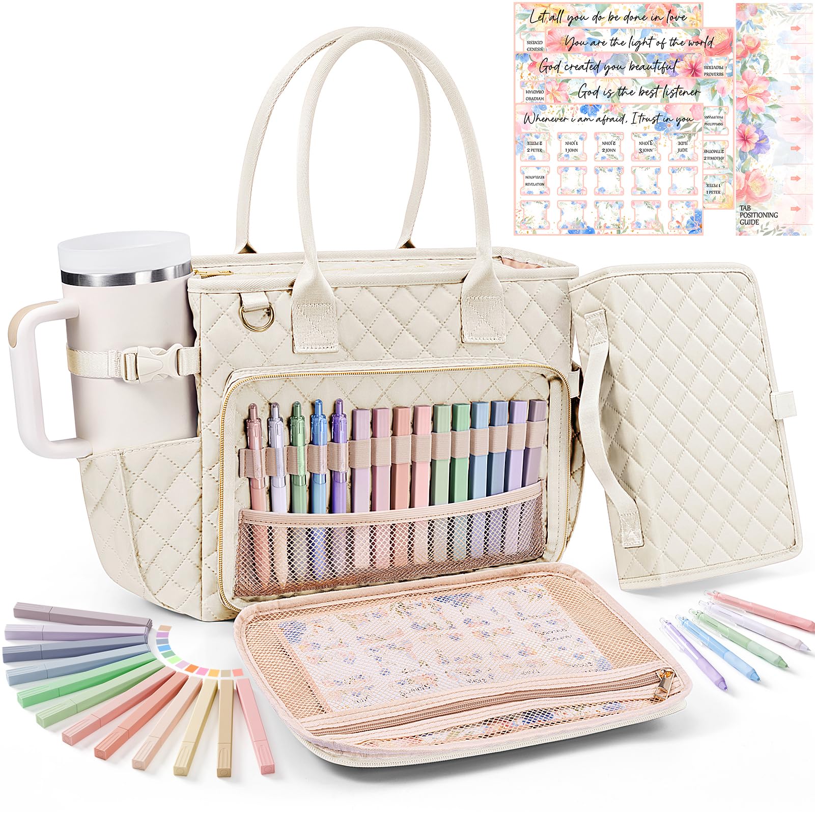 Photo 1 of Large Bible Bag with Bible Cover Case for Women, Quilted Church Tote Bag Bible Carrying Case w/Shoulder Strap, Bible Study Supplies Journaling Kit Bible Accessories Christmas Christian Gifts for Women