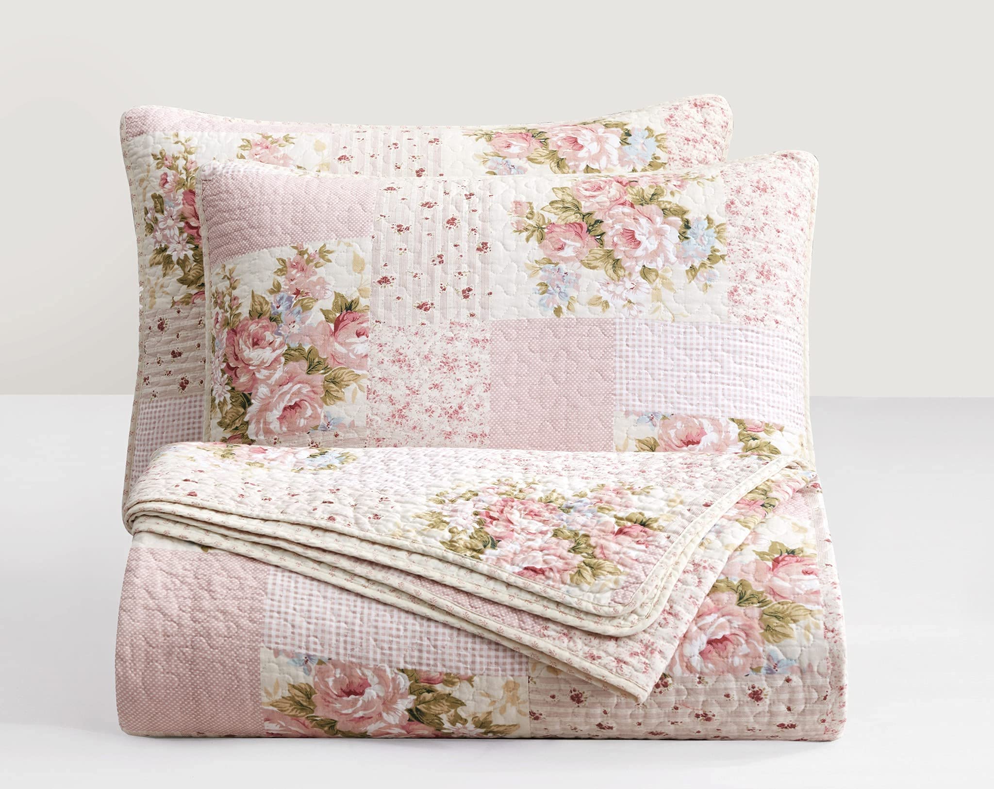 Photo 1 of Chezmoi Collection Rosy 3-Piece Queen Size Printed Patchwork Cotton Quilt Set - Pink Flower Floral Striped Polka Dots - Stone Washed Lightweight Bedspread, Queen Size
